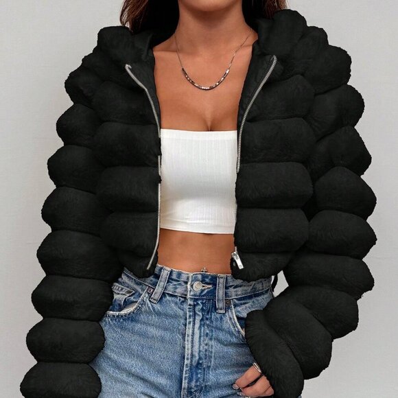 Black Casual Women's Fluffy faux fur Hooded Cropped Jacket - Picture 7 of 7